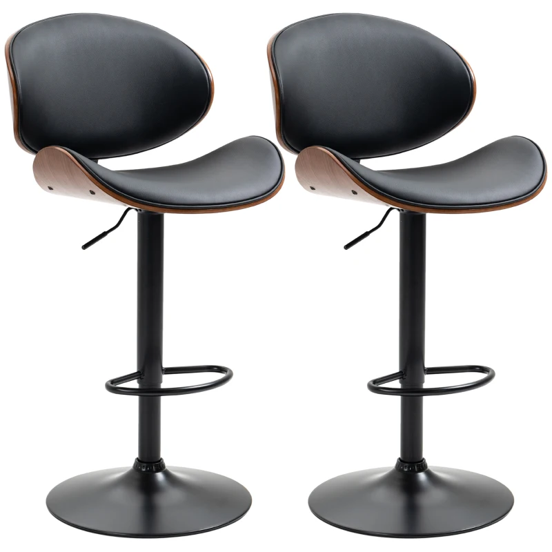 HOMCOM Bar Stools Set of 2, Modern PU Leather Adjustable Swivel Barstools with Curved Back, Footrest and Steel Base, Black