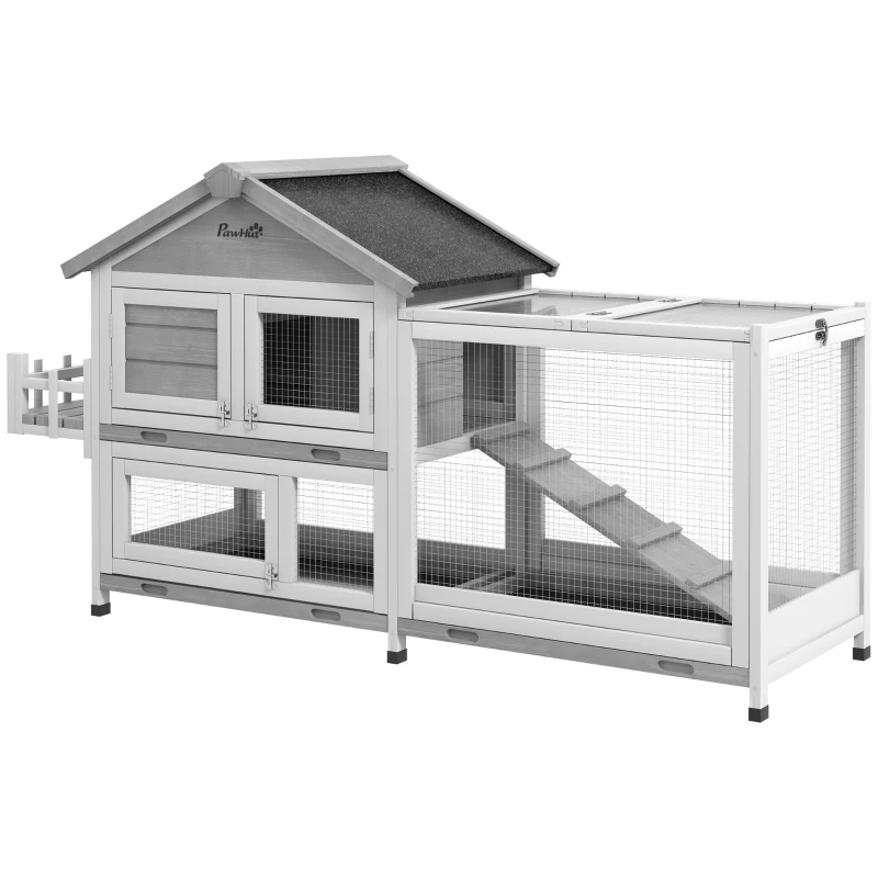 PawHut 65" Wooden Rabbit Hutch, Pet Playpen with Openable Roof, Storage Box, for Rabbits and Small Animals, Grey