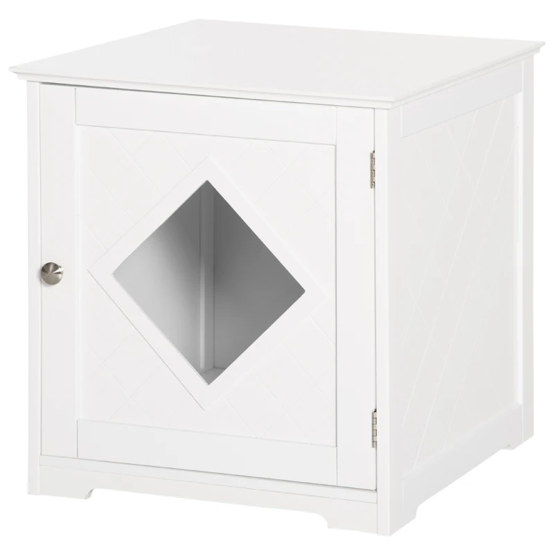PawHut Cat Litter Box Enclosure End Table, Indoor Cat Washroom with Magnetic Door, Hidden Litter Box Nightstand with Large Tabletop, Easy Assembly, White