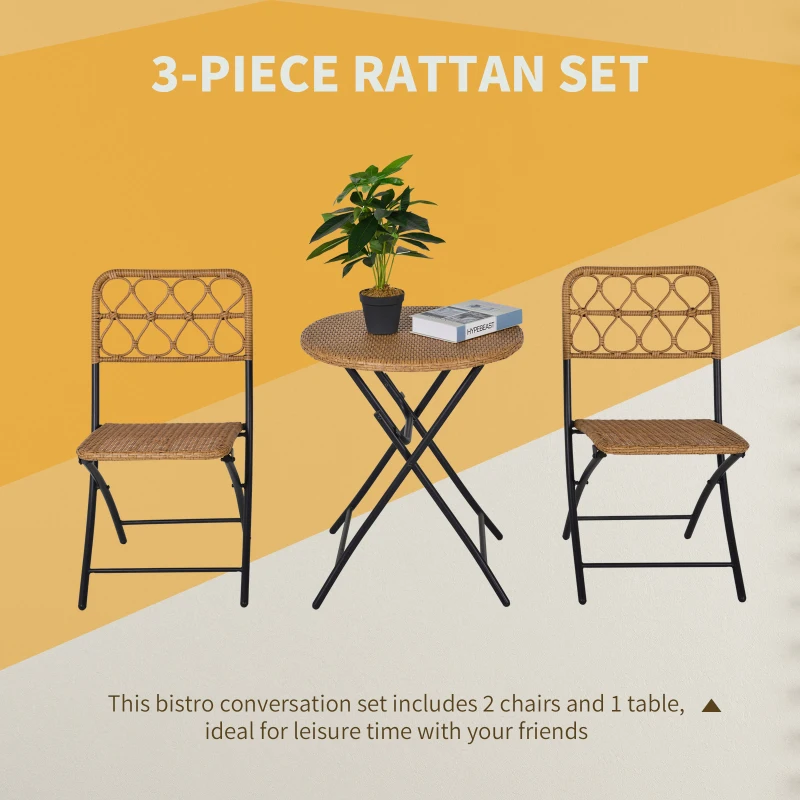 Outsunny 3PC Rattan Wicker Bistro Set w/ Folding Design, Hand Woven Rattan Table and Chairs for Outdoor, Natural