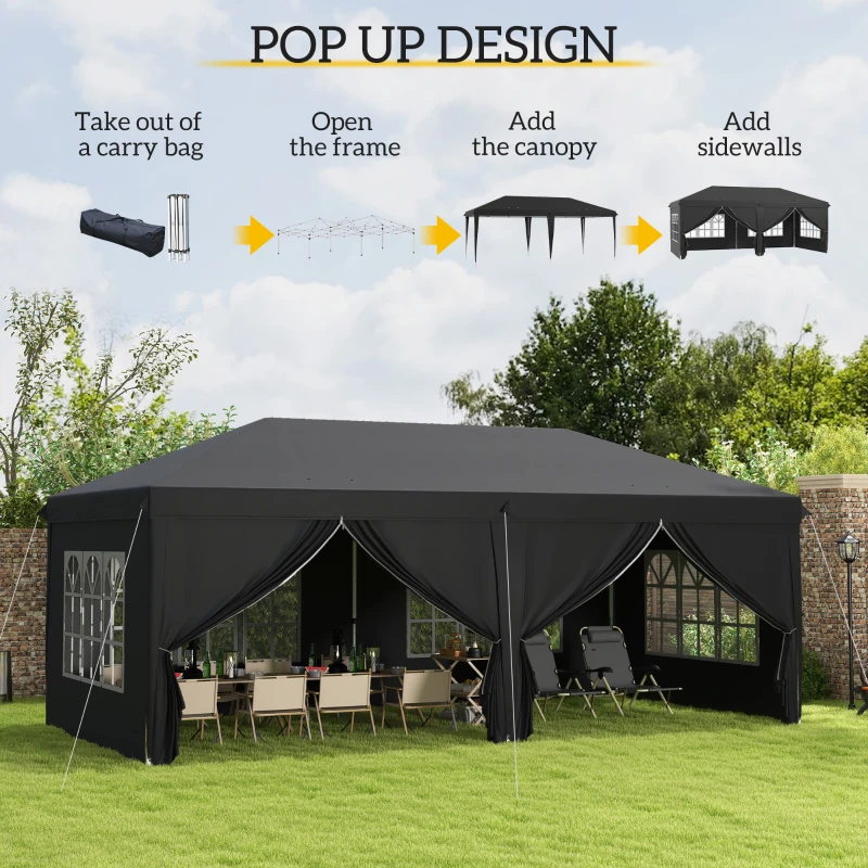 Outsunny 10' x 20' Pop Up Canopy Tent Outdoor Portable Easy Up Party Tent Garden Shade Shelter with Walls Carrying Bag, Black