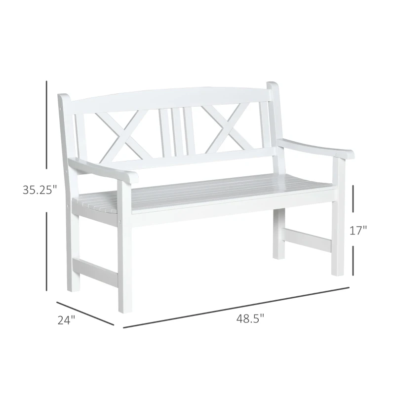 Outsunny 2-Seater Wooden Garden Bench, 4FT Outdoor Patio Loveseat with Unique X-Shape Back for Yard, Lawn, Porch, White