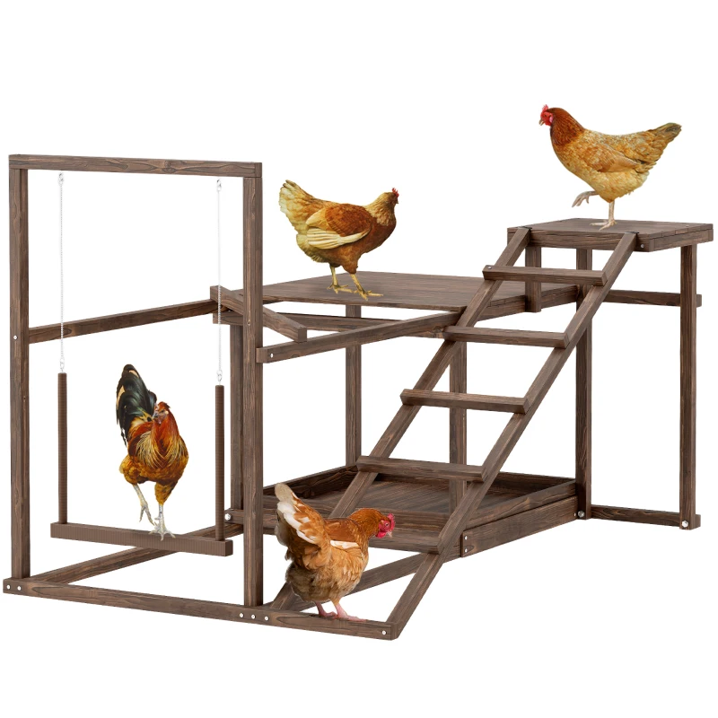 PawHut Wooden Chicken Activity Play Set with Perch, Swing, Ladder, Platforms, Feeder Storage, Coffee