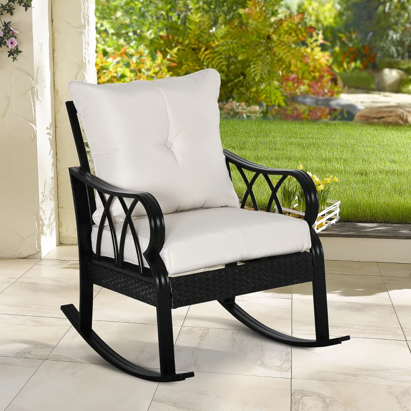 Outsunny Outdoor Wicker Rocking Chair with Padded Cushions for Garden, Patio, and Backyard, Khaki