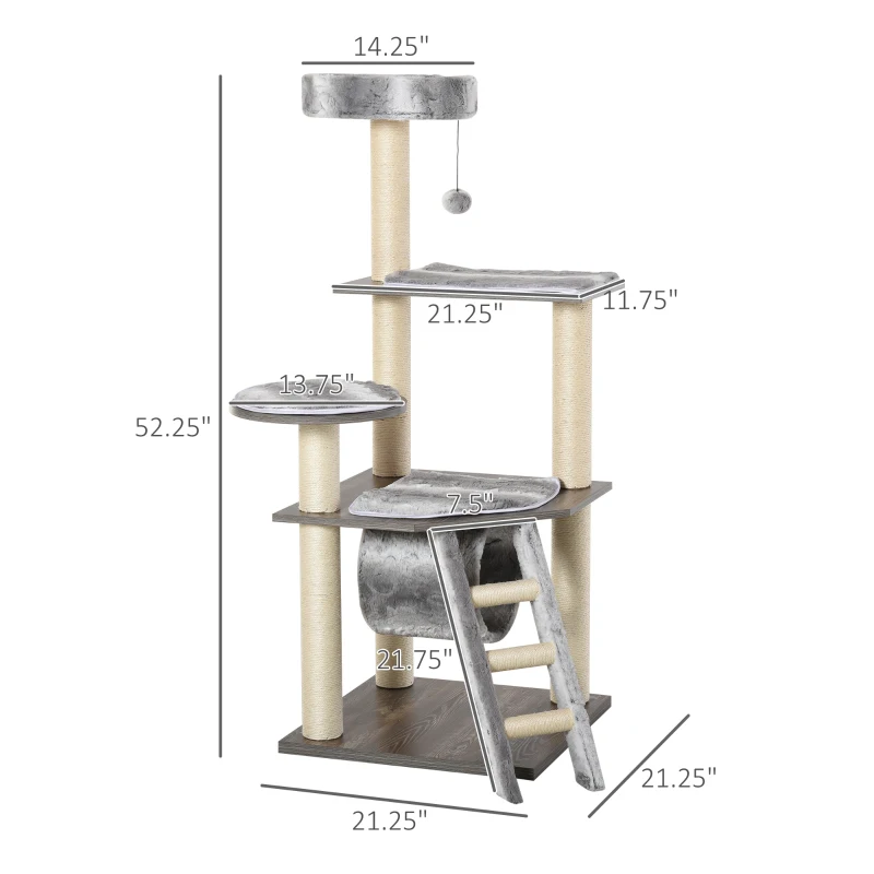 PawHut Cat tree Tower Climbing Kitten Activity Center Furniture with Sisal Scratching Post Tunnel Ladder Perch Hanging Balls 21.25" x 21.25" x 52.25"