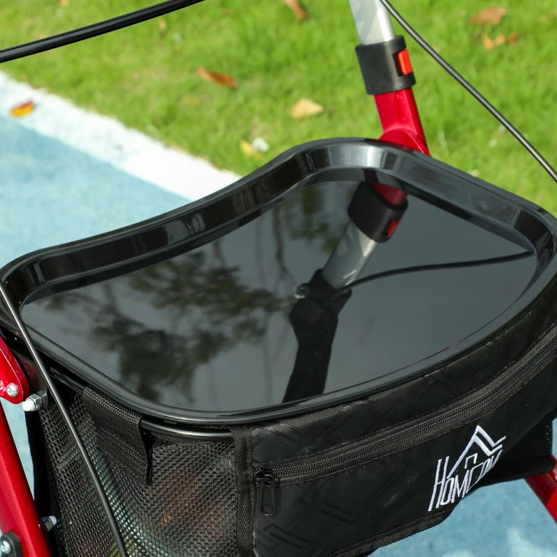 HOMCOM Upright Walker Rollator, Rolling Walker with Storage Bag, Tray, Dual Brakes, Adjustable Height, for Seniors, Red