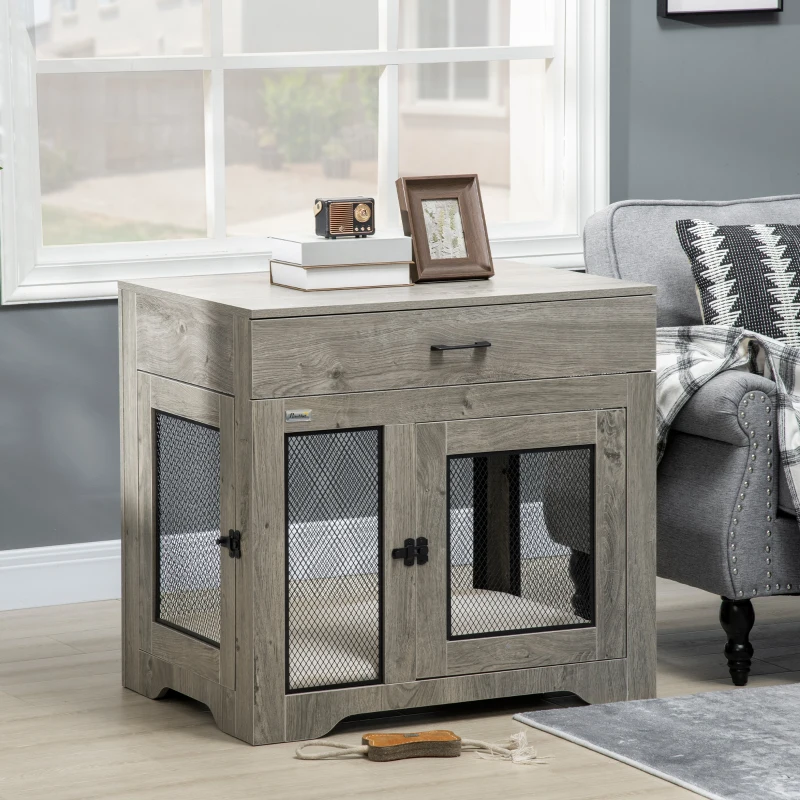 PawHut Dog Crate Furniture with Soft Water-Resistant Cushion, Dog Kennel End Table with Drawer, Puppy Crate for Small Dogs Indoor with 2 Doors, Gray