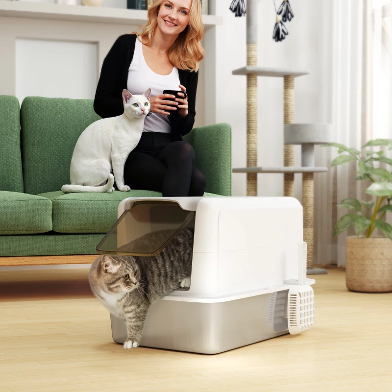 PawHut 2 in 1 Stainless Steel Cat Litter Box with Removable Lid, Scoop, Filter Bags, for Small to Large Cats, White
