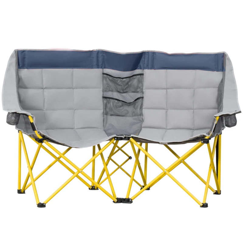 Outsunny 62" W Double Seat Camping Chair Folding Lawn Loveseat w/ Storage Pocket & Cup Holder Compact in a Bag for Outdoor, Beach, Picnic, Hiking, Travel, Navy Blue