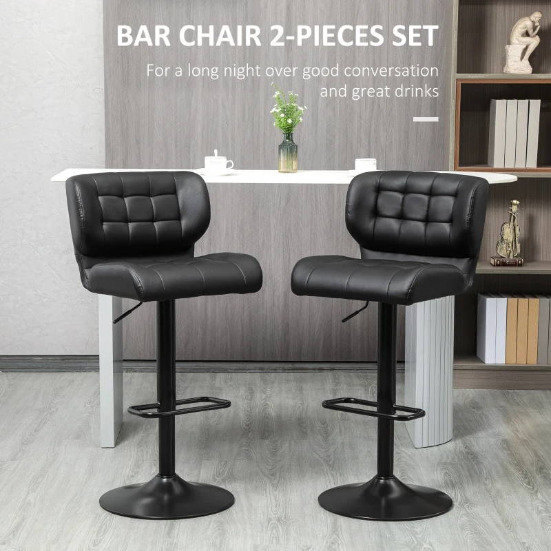 HOMCOM Swivel PU Leather Barstools Set of 2 Adjustable Bar Stools with Footrest Back for Kitchen Counter Dining Room Black