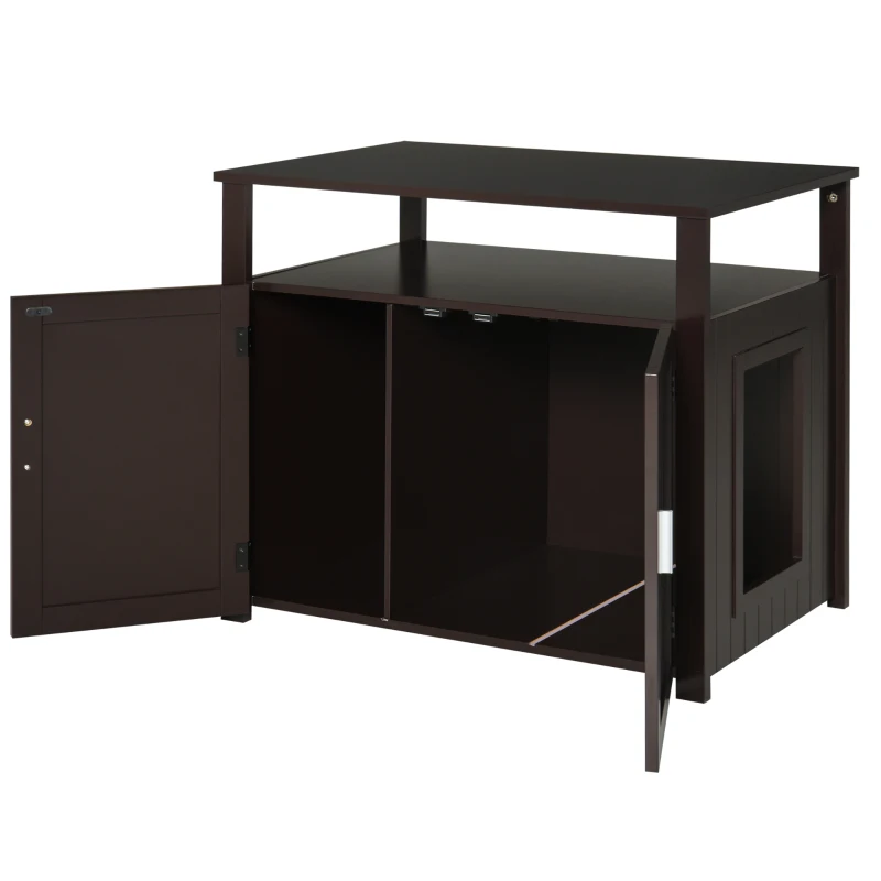 PawHut Wooden Cat Litter Box Enclosure Furniture with Adjustable Partition, Cat Washroom End Table with Open Shelf, Brown