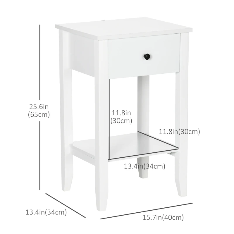 HOMCOM Side Table Set of 2, End Tables with Drawer and Bottom Shelf, 2-tier Nightstand for Bedroom, Living Room, White