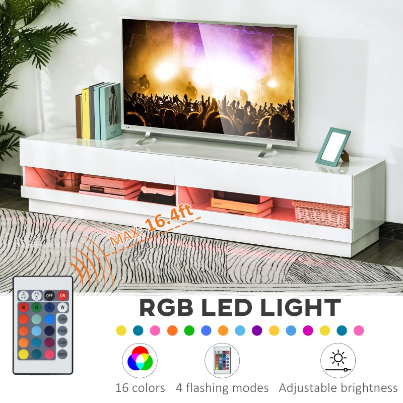 HOMCOM Lighted TV Stand for TVs up to 75", TV Cabinet with Storage for Living Room, High Gloss White