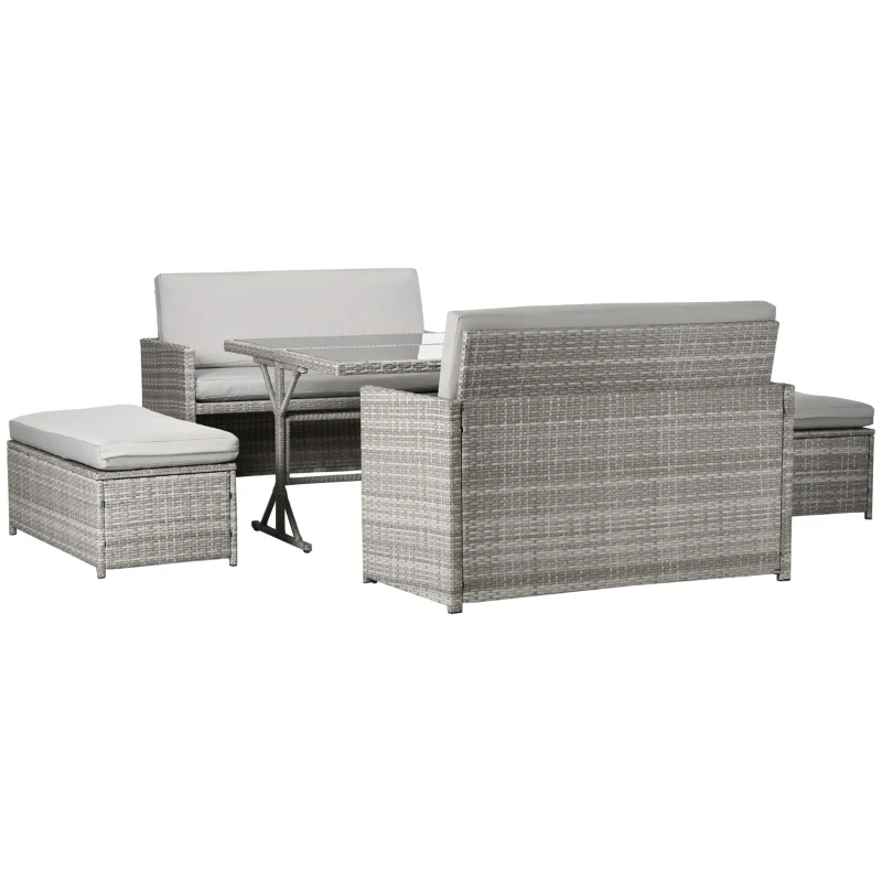 Outsunny 5 Pieces Wicker Patio Dining Set Outdoor Furniture Set with Removable Cushions, Glass Top Dining Table, Loveseats and Ottomans, Rattan Conversation Set for Garden, Grey