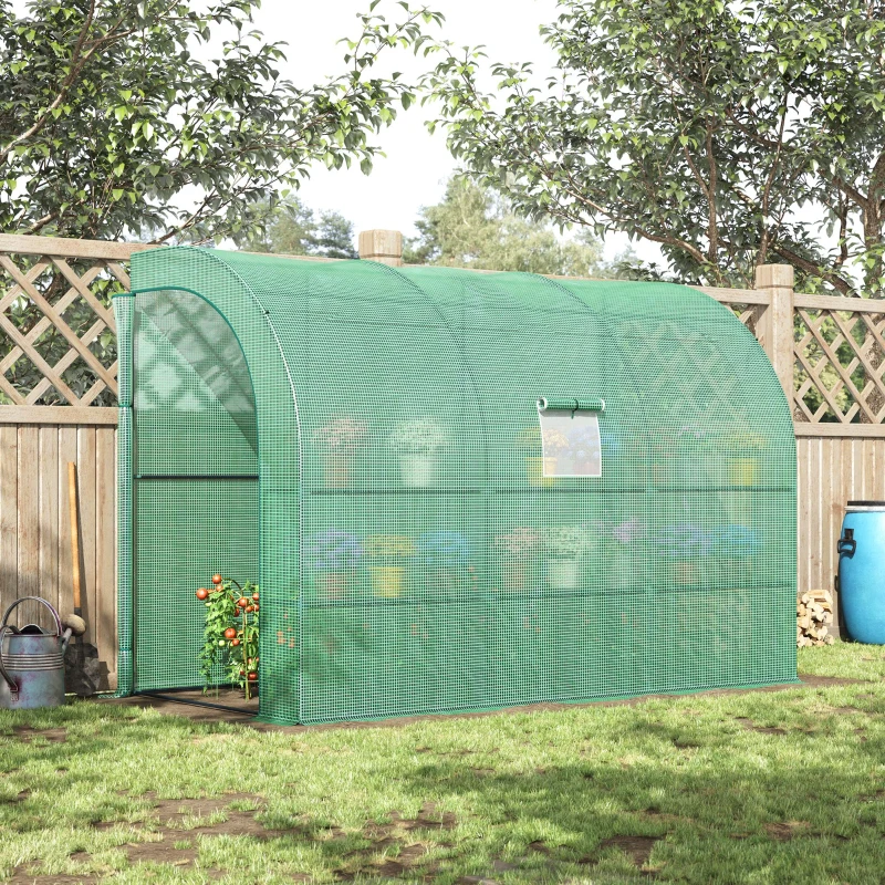 Outsunny 10' x 5' x 7' Lean to Greenhouse, Walk-In Green House, Plant Nursery with 2 Roll-up Doors and Windows, PE Cover and 3 Wire Shelves, Green(m-10)