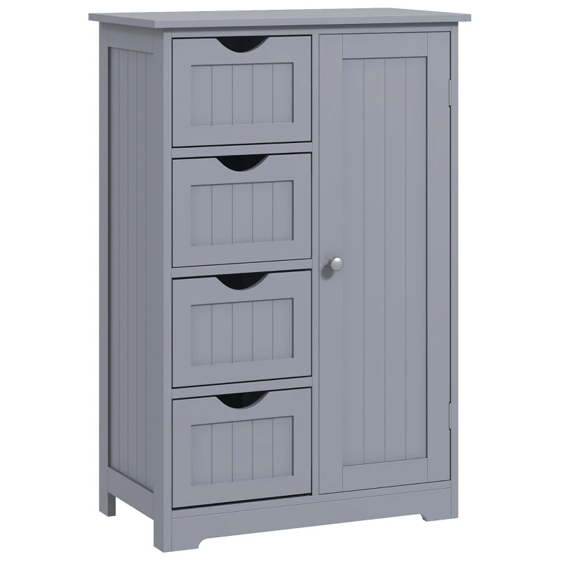 kleankin Bathroom Storage Cabinet, Floor Cabinet with Adjustable Shelf and 4 Drawers, Side Cabinet for Washroom, Grey