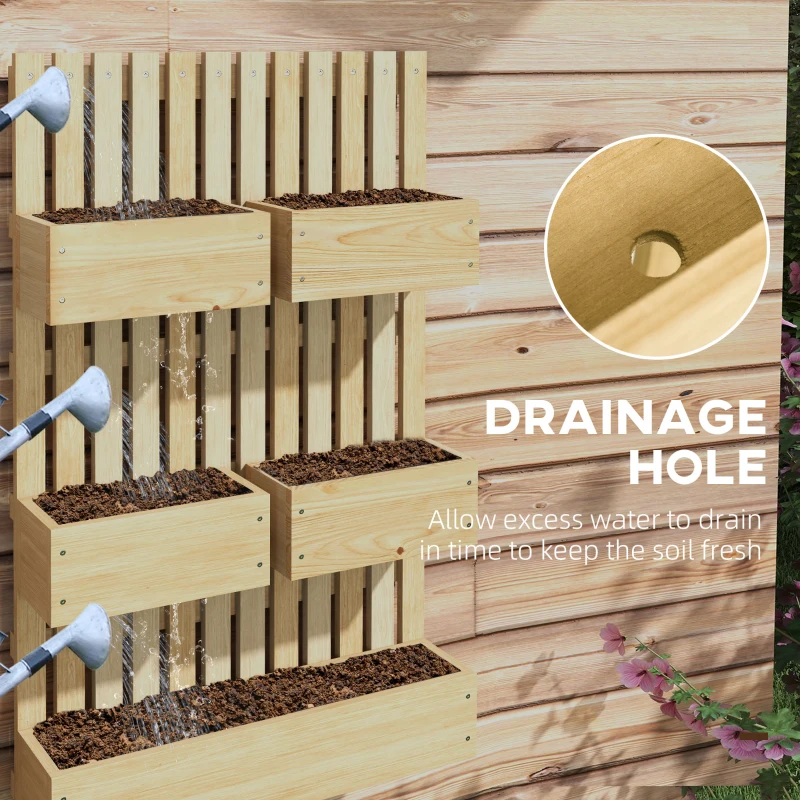 Outsunny 5 Box Raised Garden Bed w/ Trellis for Climbing Plants, Wall-Mounted Wood Planters w/ Drainage Holes, Natural
