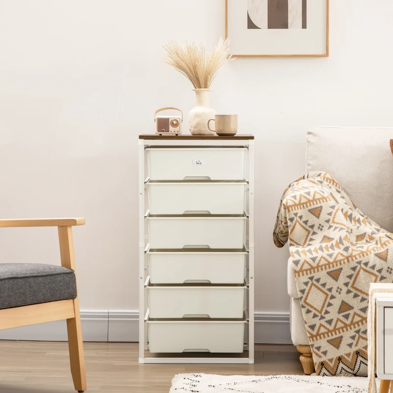 HOMCOM Dresser Storage Drawers with 6 Plastic Bins and Steel Frame, Crafting Bins for Living Room, Bedroom, White