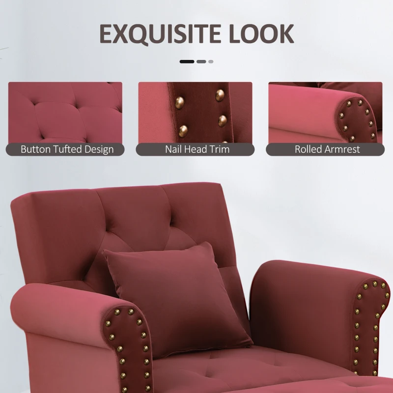 HOMCOM 2-In-1 Chaise Lounge Indoor with Rolled Armrest, Nailhead Trim and Button Tufting, Adjustable Velvet Fabric Upholstered Sofa for Bedroom and Living Room, Red