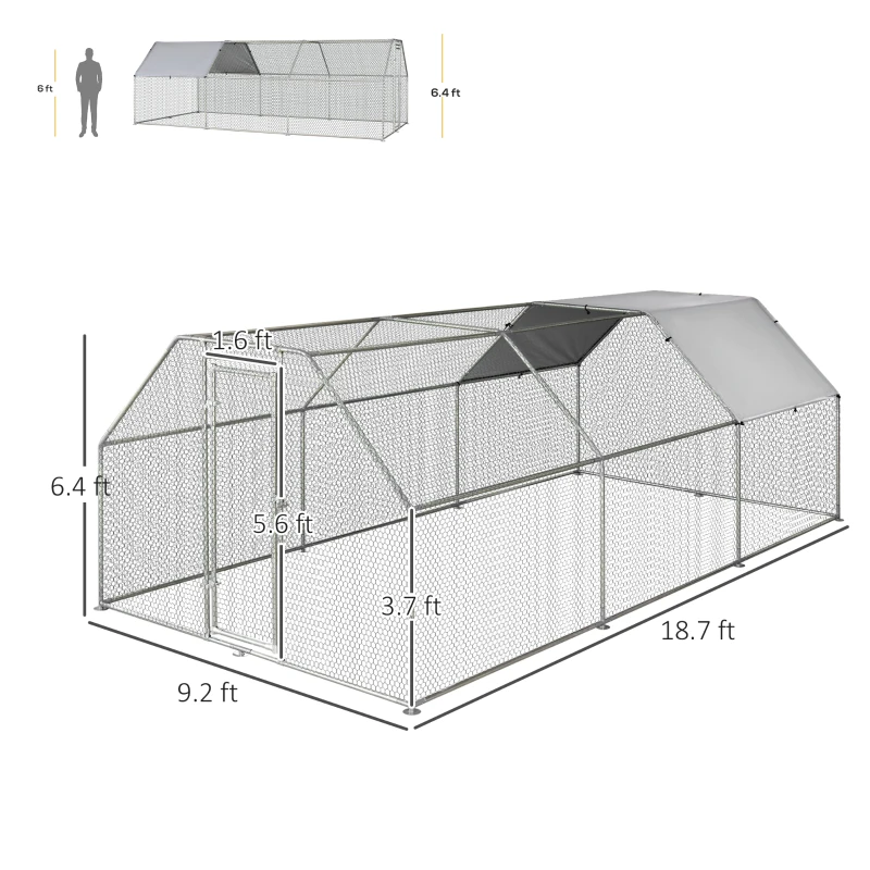 PawHut Large Chicken Coop Metal Chicken Run with Waterproof and Anti-UV Cover, Flat Shaped Walk-in Fence Cage Hen House for Outdoor and Yard Farm Use, 1.3" Tube Diameter, 9' x 18.5' x 6.5'(m-3)