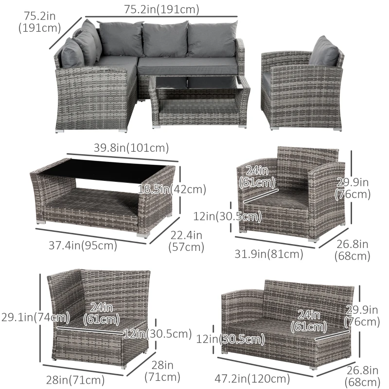 Outsunny 5 Pieces Wicker Patio Furniture Set with 4" Thick Cushions, Outdoor PE Rattan Garden Conversation Sectional Sofa Set with Glass Top Two-tier Coffee Table, Grey