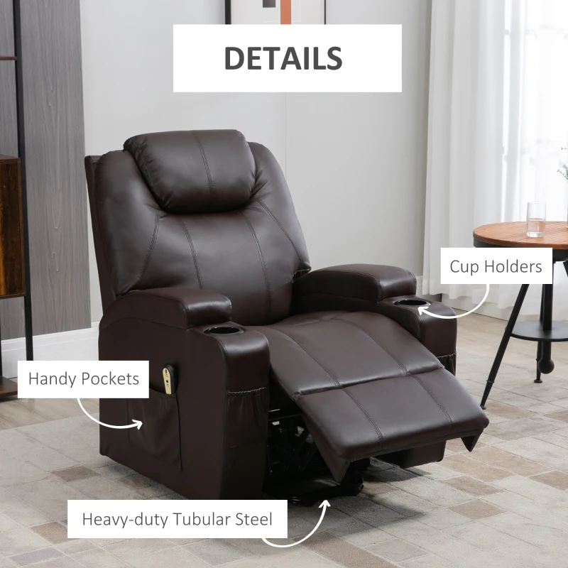 HOMCOM Power Lift Recliner Chair for Elderly, PU Leather Lift Chair with Footrest, Remote Control, Side Pockets and Cup Holders, Reclining Sofa for Living Room, Brown