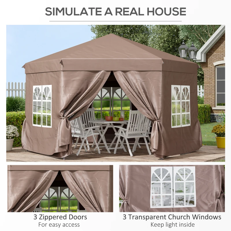 Outsunny 13 x 11.3ft Portable Pop-up Gazebo, Hexagon Adjustable Height Folding Canopy Tent with Carrying Bag for Outdoor Wedding Party, Brown