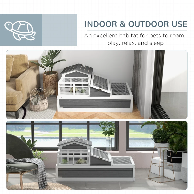 PawHut 3-Room Tortoise House Habitat with Balcony & 2 Stories, Indoor/Outdoor Wooden Tortoise Enclosure with Ladder, Tray, Openable Roof, Large Reptile Cage, 44" x 25.5" x 23", Gray