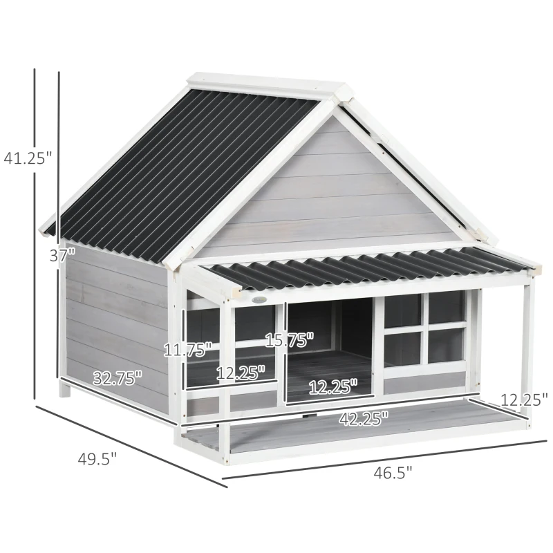 PawHut Wooden Dog House with Porch, Dog House Outdoor with Tilt Roof, Front Door, Windows for Medium Large Sized Dog