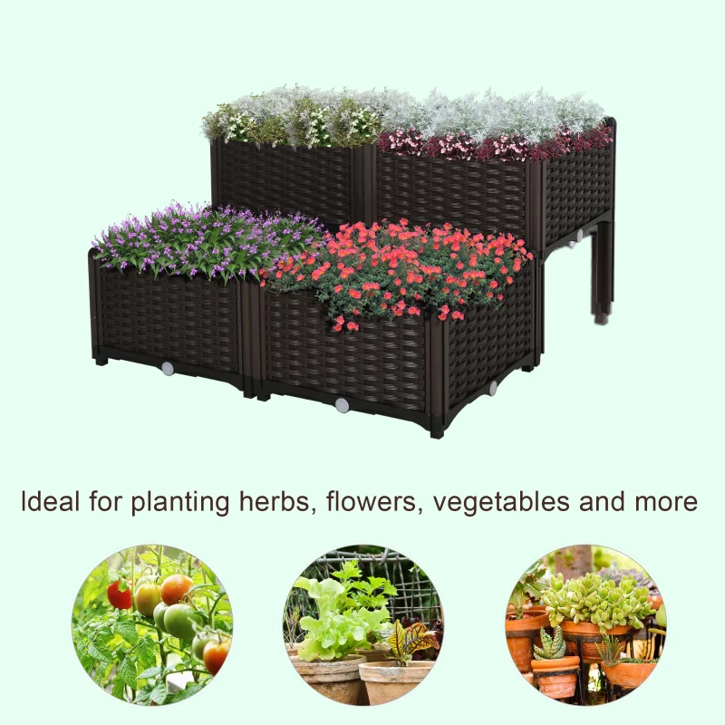 Outsunny 4 Piece Raised Garden Bed with Legs, Planter Box Raised Bed to Grow Flowers, Herbs & Vegetables, Brown