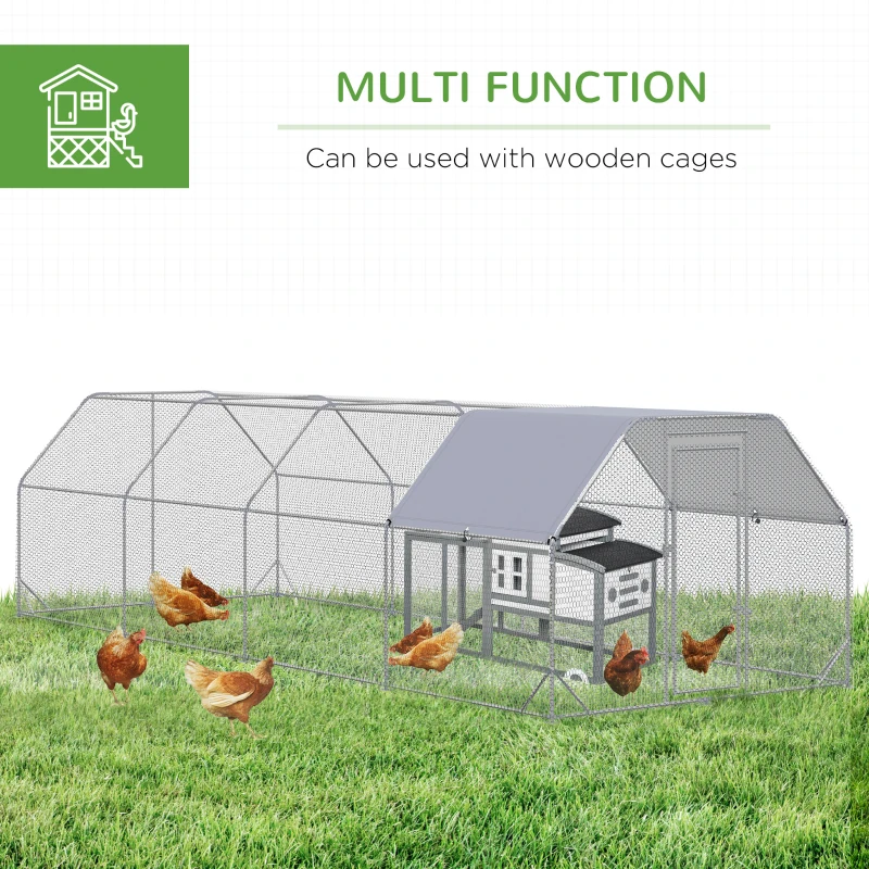 PawHut Chicken Run, Galvanized Large Metal Chicken Coop Cage, Walk-in Enclosure Poultry Hen Run House Playpen Rabbit Hutch with Flat Roof, Cover, 9.2' x 24.9' x 6.5', Silver