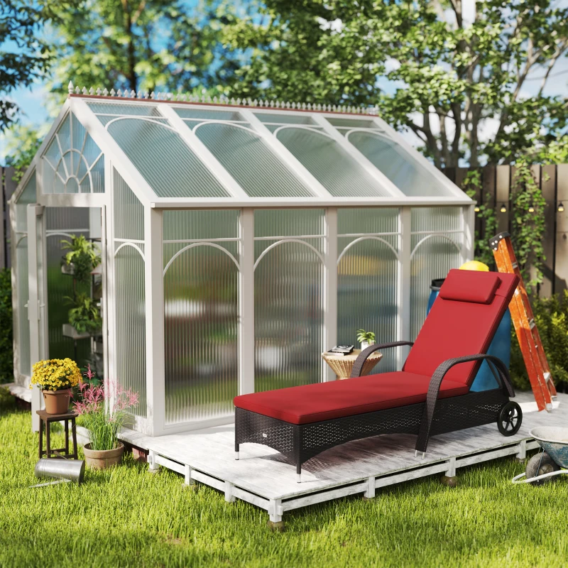 Outsunny Outdoor Lounger, Deck Lounge Chair with Headrest, 5-Level Adjustable, Backrest, Wheels, Deep Coffee and Wine Red