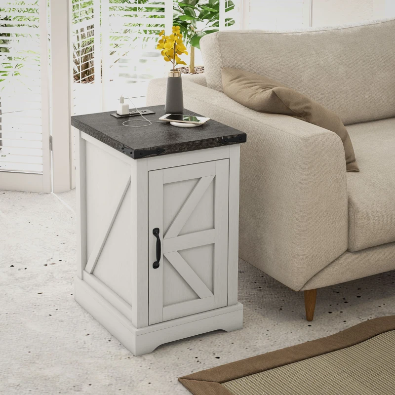 HOMCOM Farmhouse End Table with Storage, Side Table with Charging Station and USB Ports for Living Room, Distressed White