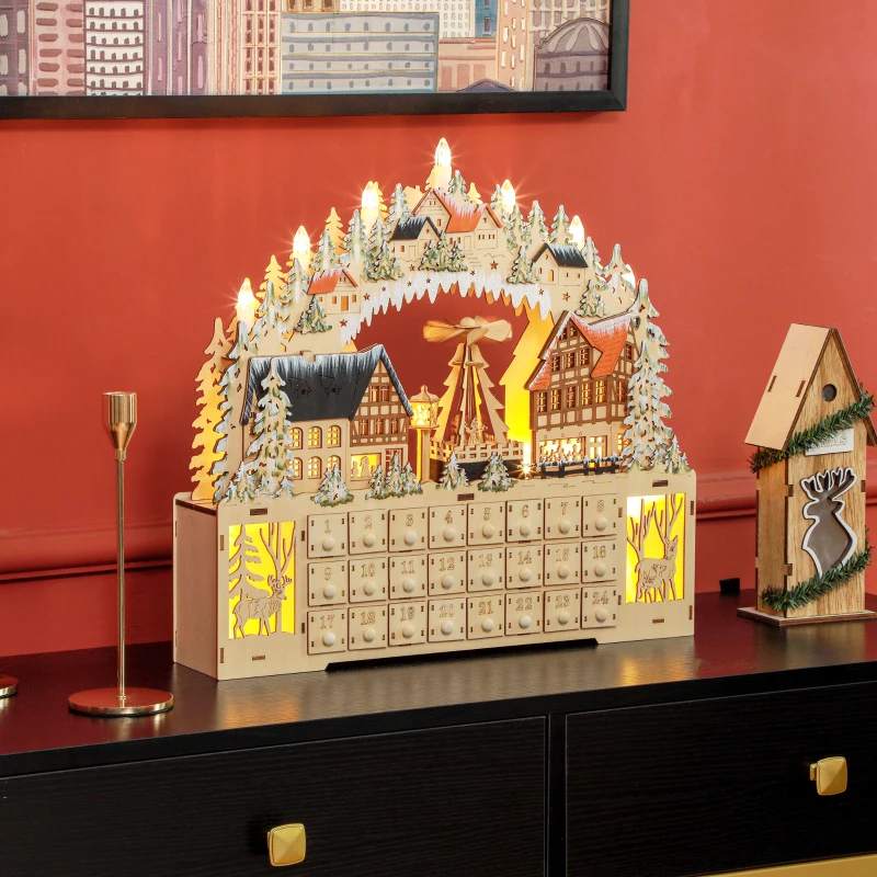 HOMCOM Wooden Christmas Advent Calendar with 24 Fillable Countdown Drawers and LED Lights, Battery Operated, Reusable