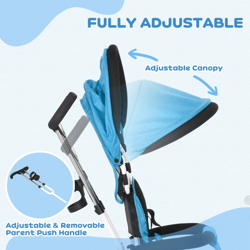 Qaba 6 in 1 Toddler Tricycle Stroller with Basket, Canopy, 5-point Safety Harness, for 12-60 Months, Blue