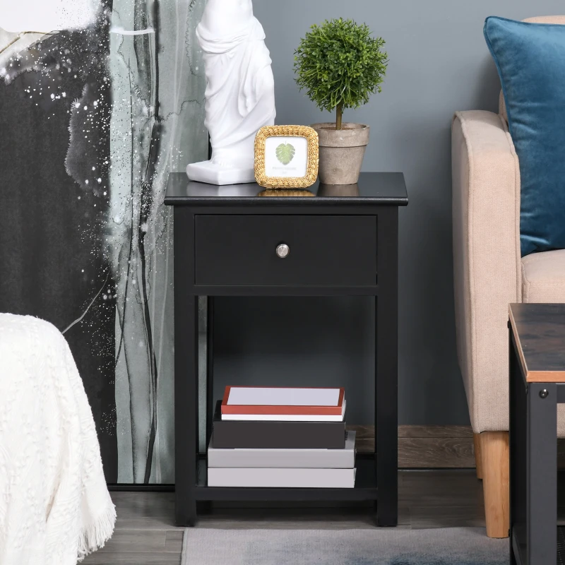 HOMCOM Farmhouse Side Table, End Table with Storage Drawer, Open Shelf and X-Frame, Bedside Table for Living Room, Black