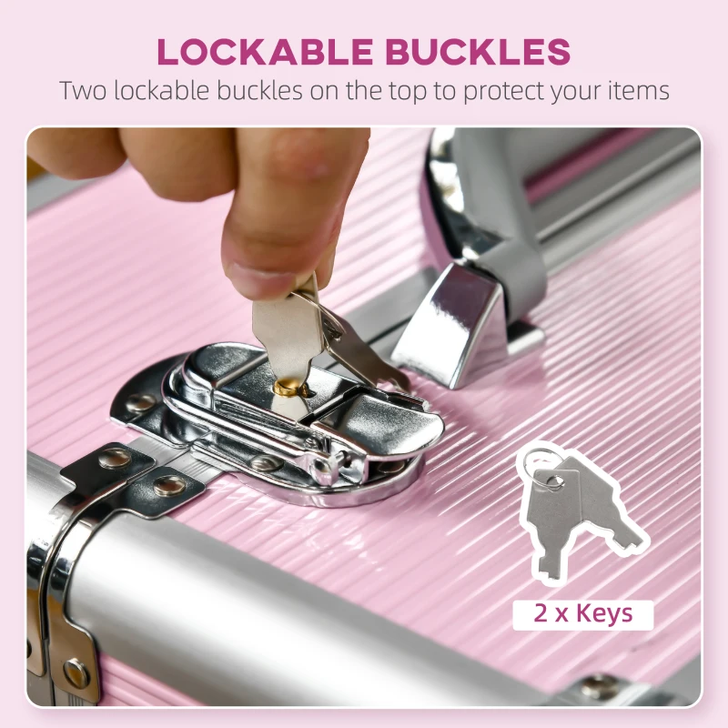 HOMCOM Rolling Makeup Case, Large Storage Cosmetic Trolley, Lockable Traveling Cart Trunk with Folding Trays, Swivel Wheels