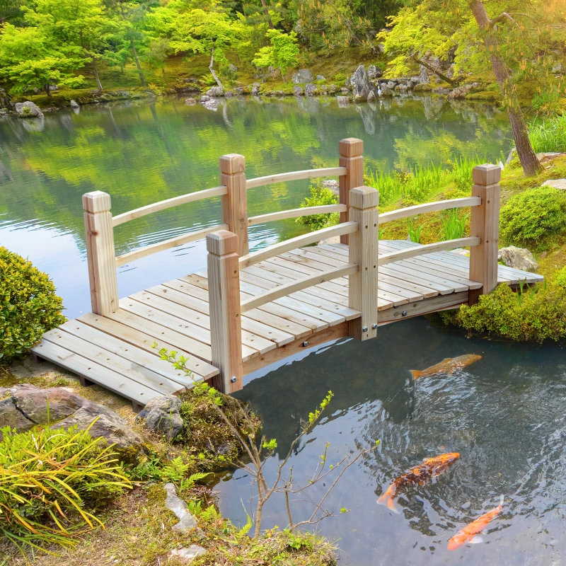 Outsunny 5 ft Wooden Garden Bridge Arc Footbridge with Railings for your Backyard, Natural Wood