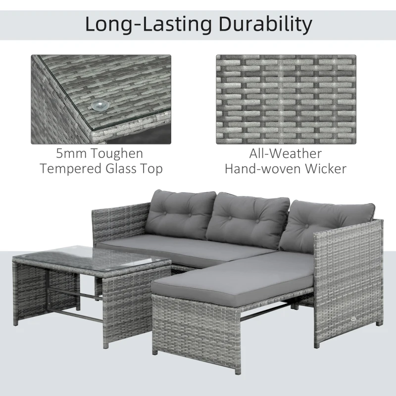 Outsunny 3 Piece Patio Furniture Set, Rattan Outdoor Sofa Set with Chaise Lounge & Loveseat, Soft Cushions, Tempered Glass Table, L-Shaped Sectional Couch, Charcoal