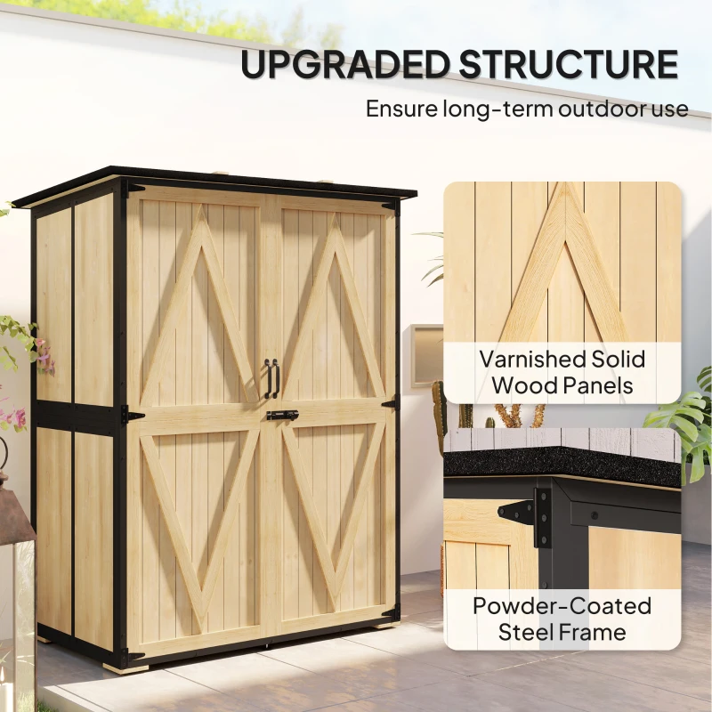 Outsunny Wood Storage Shed, Outdoor Garden Shed with Asphalt Roof, 2 Shelves, Lockable Doors and Adjustable Feet, Natural