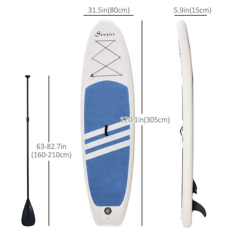 Soozier 10' x 32" x 6" Inflatable Stand Up Paddle Board with ISUP Accessories, Carry Bag, Non-Slip Deck, Adj Paddle, Pump, Leash for Adults Kids, Blue and White
