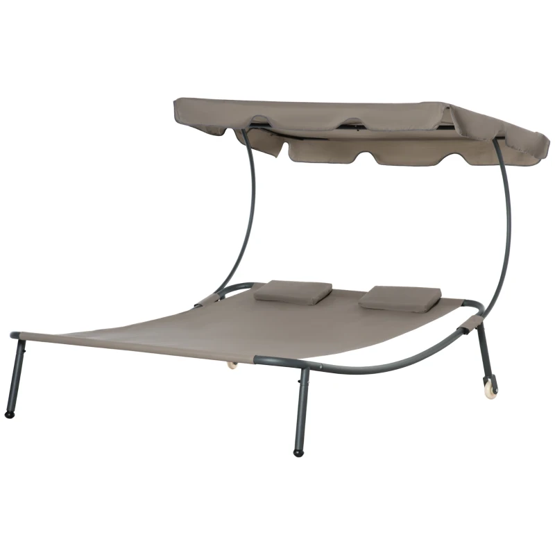 Outsunny Patio Double Chaise Lounge Chair, Outdoor Wheeled Hammock Daybed with Adjustable Canopy and Pillow for Sun Room, Garden, or Poolside, Brown