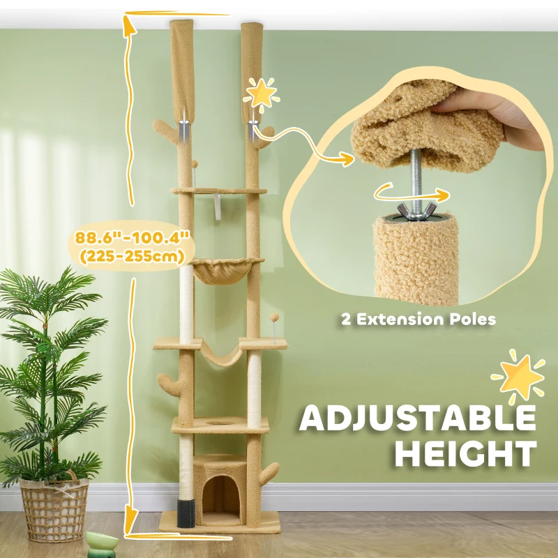 PawHut 89"-100" Floor to Ceiling Cat Tree Cat Tower for Large Cats w/ Scratching Posts, Grooming Brush Post, Cat Condo, Brown