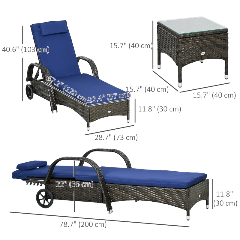 Outsunny Patio Rattan Lounge Set, Wheeled Wicker Chaise Lounge Chair and Table with Tempered Glass Top, Dark Blue