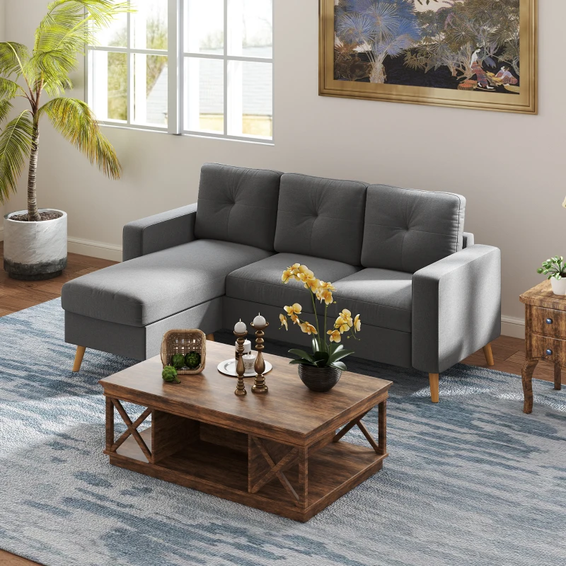 HOMCOM Sectional Sofa Couch, L Shaped Couch with Reversible Chaise, Wooden Legs for Living Room, Bedroom, Dark Grey