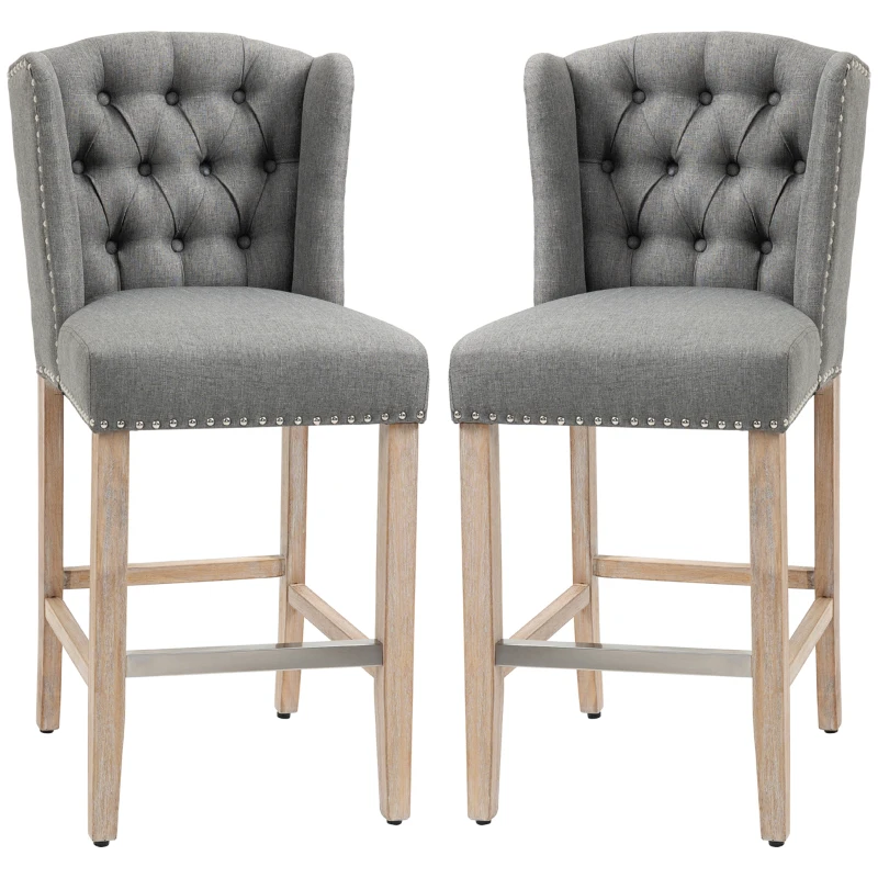 HOMCOM Counter Height Bar Stools Set of 2, 27" Seat Height Upholstered Barstools, Farmhouse Kitchen Island Stools with Nailhead-Trim, Tufted Back and Wooden Legs, Light Gray