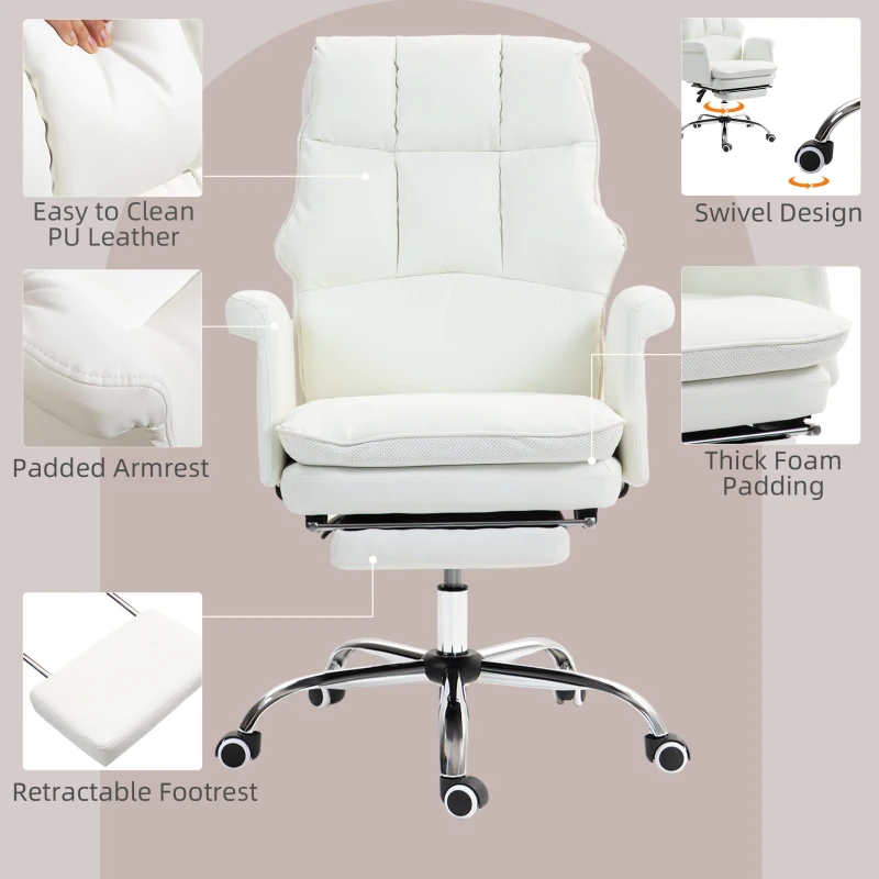 HOMCOM PU Leather Executive Office Chair, Ergonomic and Reclining Office Desk Chair with Footrest, White