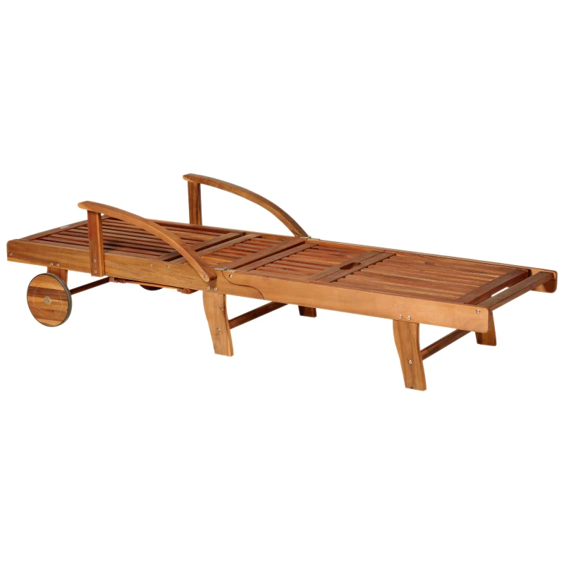 Outsunny Acacia Wood Folding Patio Sun Lounger with Wheels and Pull-Out Tray