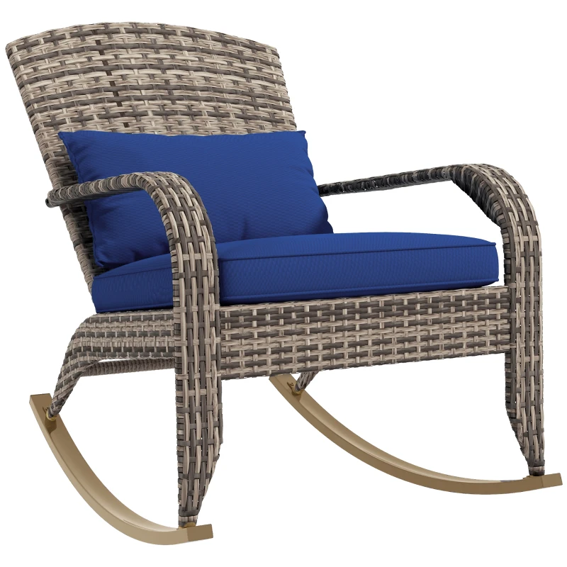 Outsunny Adirondack Chair, Outdoor Wicker Rocking Chair with High Back, Seat Cushion, and Pillow for Porch, Balcony, Dark Blue