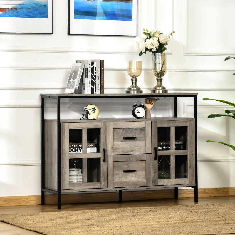HOMCOM Industrial Sideboard Buffet Cabinet, Coffee Bar Cabinet with Adjustable Shelves, Glass Doors, and 2 Drawers for Kitchen, Living Room, Gray